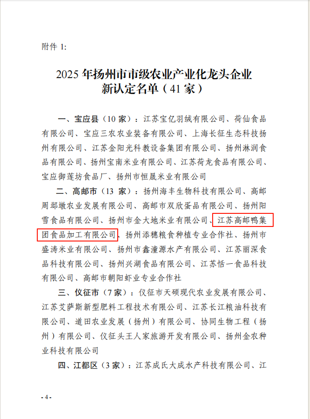 高郵鴨集團(tuán)食品加工有限公司入選市
